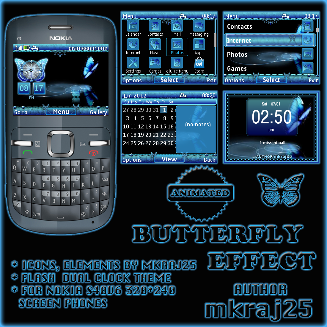 Animated Butterfly Clock ” Theme For Nokia c3, x2-01 Phones | mkraj25 THEME  ARCHIVE